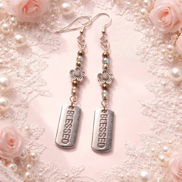 Elegant 'Blessed' Dangle Earrings With 925 Hypoallergenic Silver Hooks - Picture 1 of 5